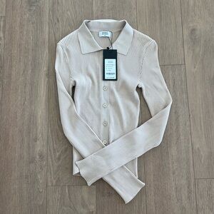 Women's Beige Ribbed Button-Up Top